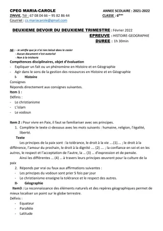 Première page de Histoire-Géographie 6e — 2e devoir surveillé, 2e trimestre (2021-2022) · CPEG MARIA-CAROLE