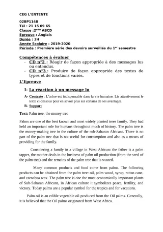 Première page de Anglais 2nde A2, 2nde B, 2nde C, 2nde D — 1er devoir surveillé, 1er semestre (2019-2020) · CEG L'Entente