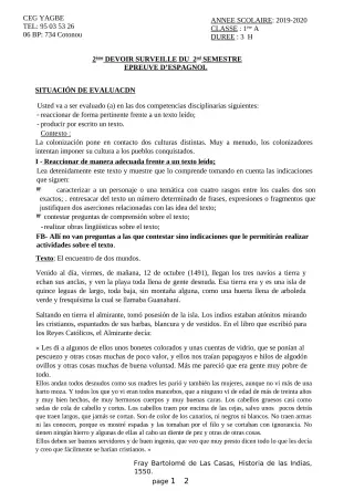 Première page de Espagnol 1ère A2 — 2e devoir surveillé, 2e semestre (2019-2020) · CEG Yagbe