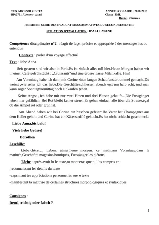 Première page de Allemand 3e ML — 1re évaluation sommative, 2e semestre (2018-2019) · CEG Ahossougbéta
