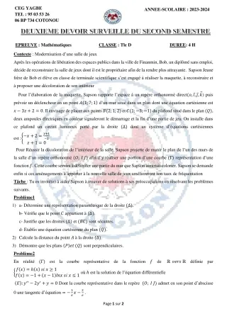 Première page de Mathématiques Tle D — 2e devoir surveillé, 2e semestre (2023-2024) · CEG Yagbe