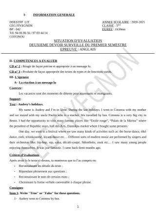 Première page de Anglais 5e — 2e devoir surveillé, 1er semestre (2020-2021) · CEG FIYEGNON