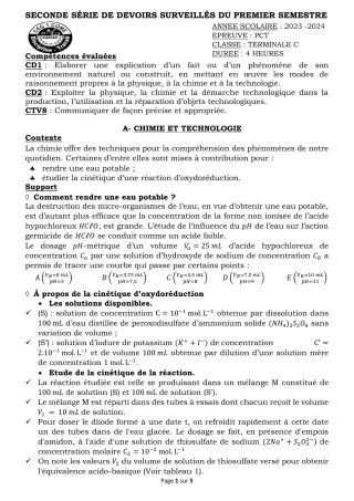 Première page de PCT Tle C — 2e devoir surveillé, 1er semestre (2023-2024) · CEG 1 Comè