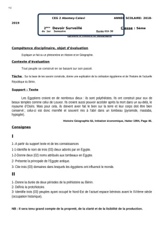 Première page de Histoire-Géographie 5e — 2e devoir surveillé, 1er semestre (2018-2019) · CEG2 ABOMEY - CALAVI (CEG ZOCA)