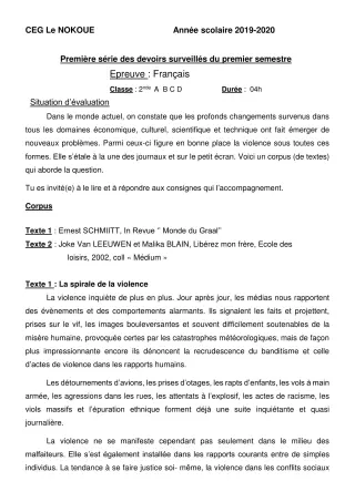 Première page de Français 2nde D — 1er devoir surveillé, 1er semestre (2019-2020) · CEG LE NOKOUE