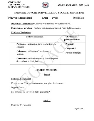 Première page de Philosophie 1ère C, 1ère D — 1er devoir surveillé, 2e semestre (2023-2024) · CEG Yagbe