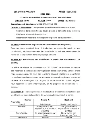Première page de SVT 4e — 1er devoir surveillé, 1er semestre (2020-2021) · CEG ZONGO