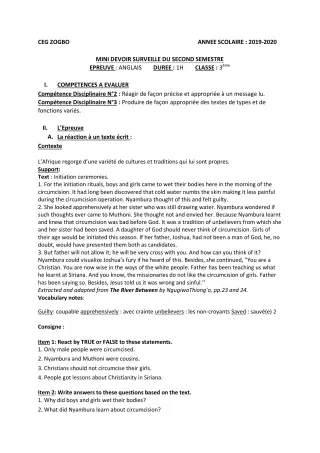 Première page de Anglais 3e, 3e ML — 1er devoir surveillé, 2e semestre (2019-2020) · CEG ZOGBO