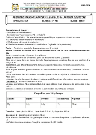 Première page de SVT 1ère A1 — 1er devoir surveillé, 1er semestre (2023-2024) · CEG 1 ZOGBODOMEY