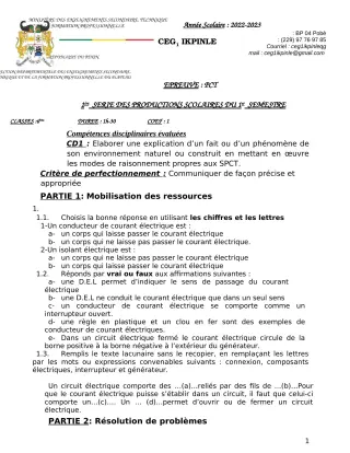 Première page de PCT 6e — 1re production scolaire, 1er semestre (2022-2023) · CEG1 Ikpinlè
