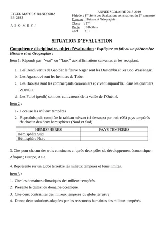 Première page de Histoire-Géographie 5e — 1re évaluation sommative, 2e semestre (2018-2019) · Lycée Houegbadja d'Abomey (Ex Mafory Bangoura)