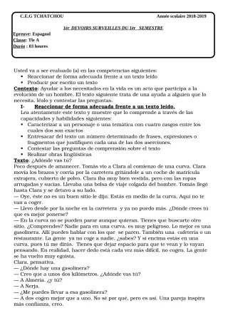 Première page de Espagnol Tle A — 1er devoir surveillé, 1er semestre (2018-2019) · CEG Tchatchou