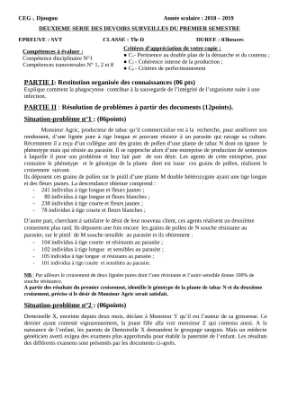 Première page de SVT Tle D — 2e devoir surveillé, 1er semestre (2018-2019) · CEG 1 Djougou