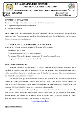 Première page de Espagnol 3e — 1er devoir surveillé, 2e semestre (2023-2024) · CEG SEKERE