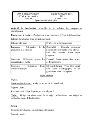 Première page de Philosophie Tle C — 1er devoir surveillé, 2e semestre (2021-2022) · CEG2 ABOMEY - CALAVI (CEG ZOCA)