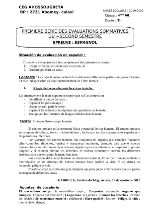Première page de Espagnol 4e ML — 1re évaluation sommative, 2e semestre (2019-2020) · CEG Ahossougbéta