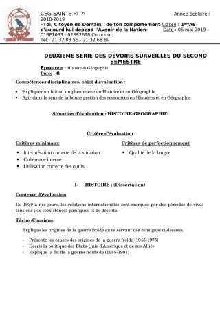 Première page de Histoire-Géographie 6e, 5e, 4e ML&MC, 3e, 3e ML, 2nde A & B, 2nde C, 2nde D, 1ère C, 1ère D, Tle A2, Tle B, Tle C, Tle D — 2e devoir surveillé, 2e semestre (2018-2019) · CEG Sainte Rita