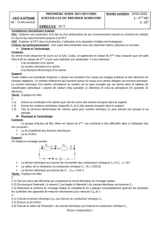 Première page de PCT 4e — 1er devoir surveillé, 1er semestre (2019-2020) · CEG Kaïtèmè
