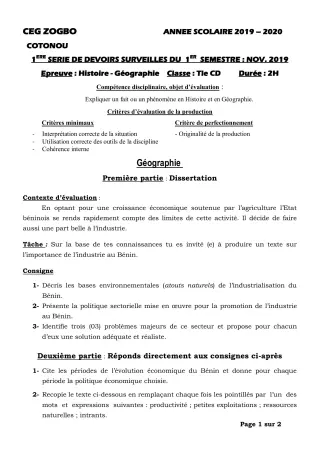 Première page de Histoire-Géographie Tle C, Tle D — 1er devoir surveillé, 1er semestre (2019-2020) · CEG ZOGBO