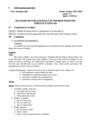 Première page de Anglais 6e — 2e devoir surveillé, 1er semestre (2019-2020) · CEG ATROKPOCODJI