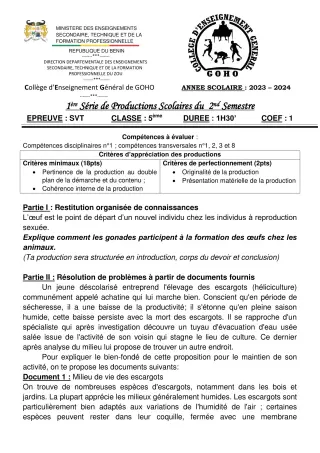 Première page de SVT 5e — 1re production scolaire, 2e semestre (2023-2024) · CEG GOHO