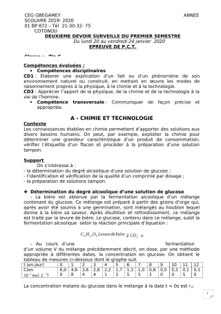 Première page de PCT Tle C — 2e devoir surveillé, 1er semestre (2019-2020) · CEG GBEGAMEY