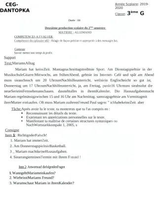 Première page de Allemand 4e ML&MC, 3e ML, 2nde B, 1ère A2, 1ère B, Tle A2, Tle B — 2e production scolaire, 2e semestre (2019-2020) · CEG Dantokpa