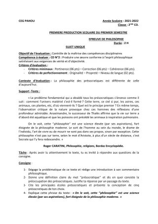 Première page de Philosophie 2nde C, 2nde D — 1re production scolaire, 1er semestre (2021-2022) · CEG PAHOU