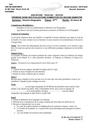 Première page de Histoire-Géographie 6e, 1ère C, 1ère D, Tle C, Tle D — 1re évaluation sommative, 2e semestre (2019-2020) · CEG Dantokpa