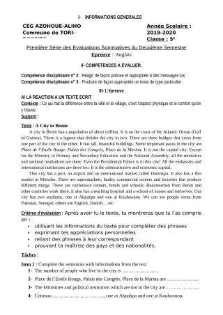 Première page de Anglais 5e — 1re évaluation sommative, 2e semestre (2019-2020) · CEG AZOHOUE-ALIHO