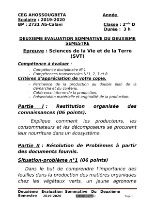 Première page de SVT 2nde D — 2e évaluation sommative, 2e semestre (2019-2020) · CEG Ahossougbéta
