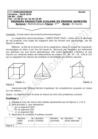 Première page de Mathématiques 5e — 1re production scolaire, 1er semestre (2018-2019) · CEG AGBLANGANDAN