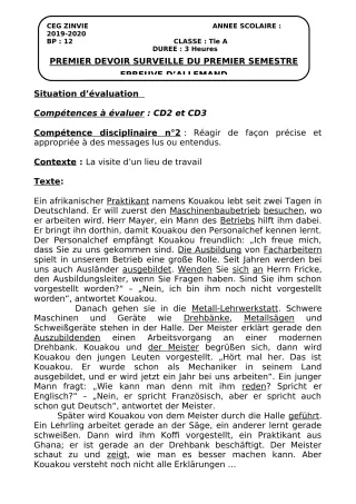 Première page de Allemand 3e, 2nde A, 2nde A2, 1ère A, Tle A1, Tle A2 — 1er devoir surveillé, 1er semestre (2019-2020) · CEG Zinvié