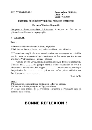 Première page de Histoire-Géographie 5e — 1er devoir surveillé, 1er semestre (2019-2020) · CEG ATROKPOCODJI