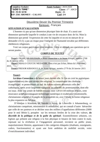 Première page de Histoire-Géographie 1ère A2, 1ère B — 2e devoir surveillé, 1er trimestre (2019-2020) · CPEG GOD'S TIME