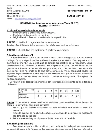 Première page de SVT 2nde C, 2nde D — Composition, 1er trimestre (2019-2020) · CPEG LICA