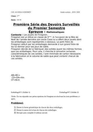 Première page de Mathématiques 5e — 1er devoir surveillé, 1er semestre (2019-2020) · CEG Agassa Godomey