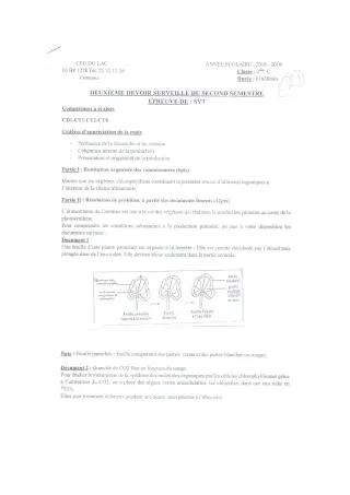 Première page de SVT 2nde C — 2e devoir surveillé, 2e semestre (2018-2019) · CEG du Lac
