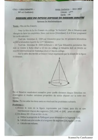 Première page de Mathématiques 4e — 2e devoir surveillé, 2e semestre (2018-2019) · CEG Lobozounkpa