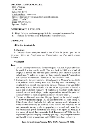 Première page de Anglais 1ère A2, 1ère B, 1ère C, 1ère D — 1er devoir surveillé, 2e semestre (2018-2019) · CEG L'Entente