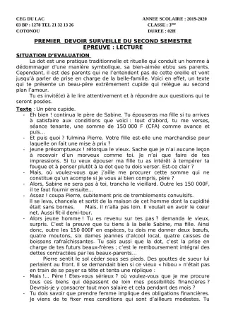 Première page de Français 3e, 3e ML — 1er devoir surveillé, 2e semestre (2019-2020) · CEG du Lac