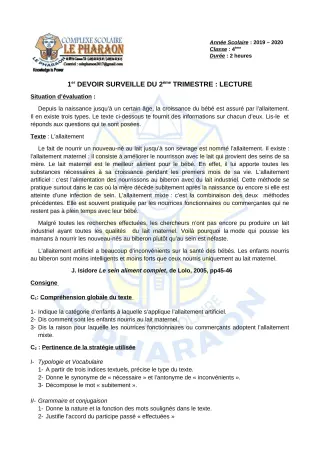 Première page de Français 4e, 4e ML — 1er devoir surveillé, 2e trimestre (2019-2020) · CPEG LE PHARAON