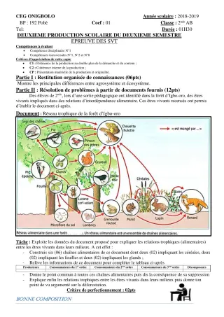 Première page de SVT 2nde A2 — 2e production scolaire, 2e semestre (2018-2019) · CEG ONIGBOLO