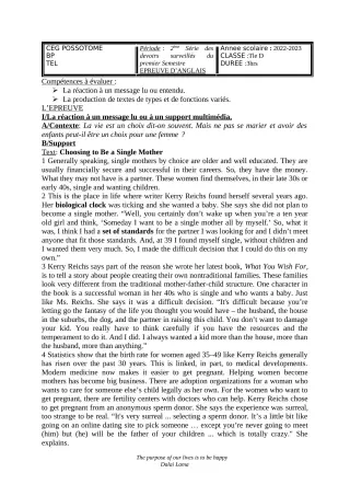 Première page de Anglais Tle D — 2e devoir surveillé, 1er semestre (2022-2023) · CEG POSSOTOME