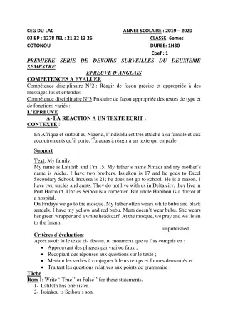 Première page de Anglais 6e — 1er devoir surveillé, 2e semestre (2019-2020) · CEG du Lac