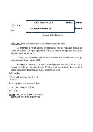 Première page de Mathématiques 3e, 3e ML — 2e devoir surveillé, 1er semestre (2018-2019) · CEG2 ABOMEY - CALAVI (CEG ZOCA)