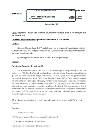 Première page de PCT 6e — Devoir surveillé, 2e semestre (2018-2019) · CEG2 ABOMEY - CALAVI (CEG ZOCA)