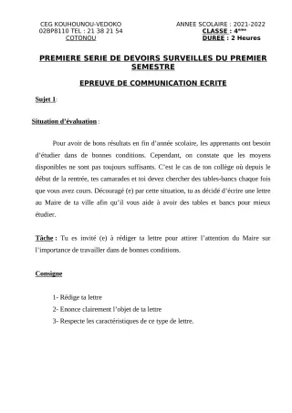 Première page de Français 4e — 1er devoir surveillé, 1er semestre (2021-2022) · CEG Kouhounou-Vêdoko