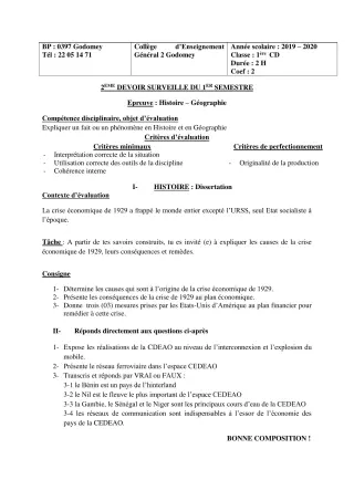 Première page de Histoire-Géographie 1ère C, 1ère D — 2e devoir surveillé, 1er semestre (2019-2020) · CEG2 Godomey