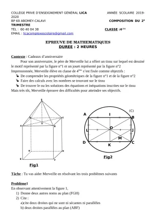 Première page de Mathématiques 4e, 4e ML — Composition, 1er trimestre (2019-2020) · CPEG LICA